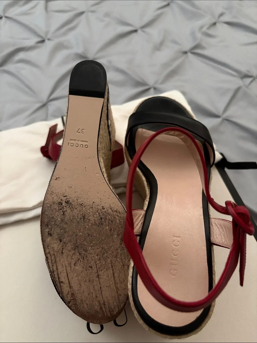 Gucci Black Leather Espadrille Sandals with Red Ankle Straps